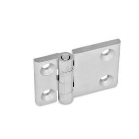 GN 237 Scharniere, Edelstahl, horizontal verlängert Werkstoff: NI - Edelstahl<br />Form: A - 2x2 Bohrungen für Senkschrauben<br />Oberfläche: GS - matt gestrahlt<br />Scharnierflügel: l3 ≠ l4 - einseitig verlängert
