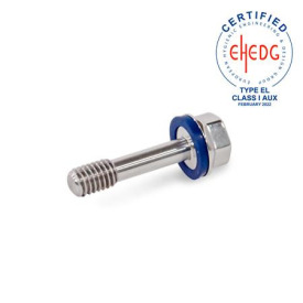 GN 1582 Schrauben, Edelstahl, mit dünnem Schaft zur Verliersicherung, Hygienic Design Oberfläche: PL - poliert (Ra < 0,8 µm)<br />Werkstoff (Dichtring): H - HNBR