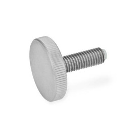 GN 653.10 Rändelschrauben, Edelstahl, mit Messing / Kunststoff-Druckzapfen Werkstoff (Schraube): NI - Edelstahl<br />Werkstoff (Druckzapfen): KU - Kunststoff (Polyacetal POM)
