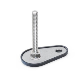 GN 45 Stellfüße, Edelstahl 1.4404 (A4), mit Befestigungslasche, Tropfenform Form (Fußteller): D1 - mit Gummiauflage, aufgeklipst, schwarz<br />Spindelvariante: S - ohne Mutter, Außensechskant unten