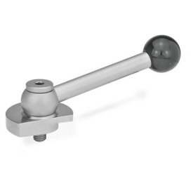 GN 918.7 Spannriegel, Edelstahl, Spannung nach unten, mit Gewindezapfen Form: KV - mit Kugelgriff, schräg (Kerbverzahnung)<br />Spannrichtung: R - durch Rechtsdrehung (gezeichnete Ausführung)