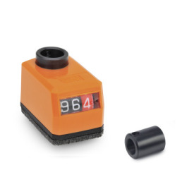 GN 9534 Stellungsanzeiger für konfigurierbare Lineareinheiten, mechanisches Zählwerk Einbaulage: AR - schräg, unten<br />Werkstoff: ST - Stahl<br />Farbe: OR - orange, RAL 2004, glänzend