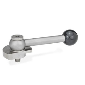 GN 918.7 Spannriegel, Edelstahl, Spannung nach unten, mit Gewindezapfen Form: GV - mit Kugelgriff, gerade (Kerbverzahnung)<br />Spannrichtung: R - durch Rechtsdrehung (gezeichnete Ausführung)