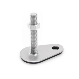 GN 45 Stellfüße, Edelstahl 1.4404 (A4), mit Befestigungslasche, Tropfenform Form (Fußteller): D3 - mit Gummiauflage, aufvulkanisiert, schwarz<br />Spindelvariante: TK - mit Mutter, Schlüsselfläche unten