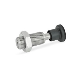 GN 313 Federbolzen, Edelstahl / Kunststoff-Knopf Werkstoff: NI - Edelstahl<br />Form: AK - mit Knopf, mit Kontermutter<br />Kennziffer: 2 - Bolzen mit Innengewinde