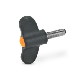 GN 633.10 Flügelschrauben mit Kunststoff-Druckzapfen Farbe der Abdeckkappe: DOR - orange, RAL 2004, matt