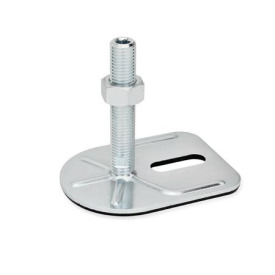 GN 42 Stellfüße, Stahl, mit Befestigungslasche, Rechteckform Form (Fußteller): E3 - mit Gummiauflage, aufvulkanisiert, schwarz, mit einem Langloch<br />Spindelvariante: UK - mit Mutter, Innensechskant oben und Schlüsselfläche unten