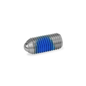 GN 615.3 Federnde Druckstücke, Stahl / Edelstahl, mit Gewindesicherung Form: KN - Edelstahl, normaler Federdruck<br />Gewindesicherung: PFB - Polyamid-Fleckbeschichtung