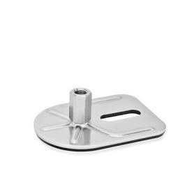 GN 43 Stellfüße, Edelstahl, mit Befestigungslasche, Rechteckform Form: E3 - mit Gummiauflage, aufvulkanisiert, schwarz, mit einem Langloch<br />Spindelvariante: X - Außensechskant mit Innengewinde