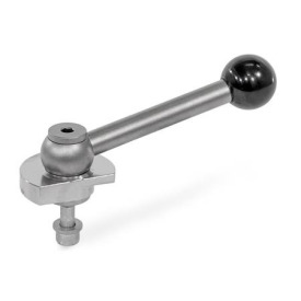 GN 918.7 Spannriegel, Edelstahl, Spannung nach unten, Schraube von der Rückseite Form: KVB - mit Kugelgriff, schräg (Kerbverzahnung)<br />Spannrichtung: R - durch Rechtsdrehung (gezeichnete Ausführung)