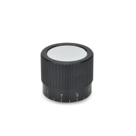 GN 726.1 Drehknöpfe, Aluminium, schwarz eloxiert Form: S - mit Skala 0...9, 20 Teilstriche<br />Kennziffer: 2 - mit Spannzange