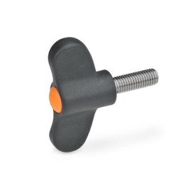 GN 633.1 Flügelschrauben, Kunststoff, mit Edelstahl-Gewindestift Farbe der Abdeckkappe: DOR - orange, RAL 2004, matt