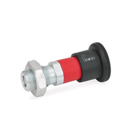 GN 816.1 Verriegelungsbolzen, Raststift eingezogen Form: ARK - mit Knopfbetätigung, Abdeckhülse rot, mit Kontermutter