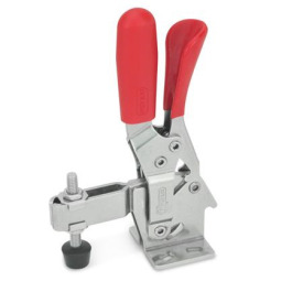 GN 810.3 Schnellspanner, Edelstahl, Spannhebel vertikal, mit Verriegelung, mit waagrechtem Fuß Werkstoff: NI - Edelstahl<br />Form: CL - offener Spannarm, mit 2 Flankenscheiben und Andrückschraube GN 708.1