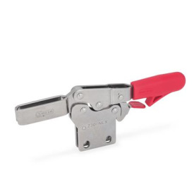 GN 820.4 Schnellspanner, Edelstahl, Spannhebel horizontal, mit Verriegelung, mit senkrechtem Fuß Werkstoff: NI - Edelstahl<br />Form: NL - offener Spannarm, mit 2 Flankenscheiben