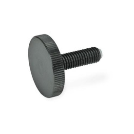 GN 653.10 Rändelschrauben, Stahl, mit Messing / Kunststoff-Druckzapfen Werkstoff (Schraube): ST - Stahl<br />Werkstoff (Druckzapfen): KU - Kunststoff (Polyacetal POM)
