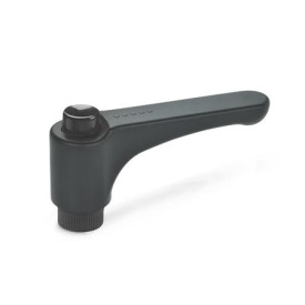 GN 600 Flache verstellbare Klemmhebel mit Ausrastknopf, Kunststoff, Buchse Messing Farbe: DSG - schwarzgrau, RAL 7021, glänzend