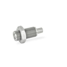 GN 313 Federbolzen, Edelstahl / Kunststoff-Knopf Werkstoff: NI - Edelstahl<br />Form: DK - mit Kontermutter, ohne Knopf<br />Kennziffer: 1 - Bolzen ohne Innengewinde