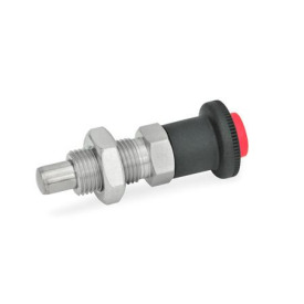 GN 414 Edelstahl-Rastbolzen mit Entriegelungssperre, Entriegelung über Druckknopf Werkstoff: NI - Edelstahl<br />Form: AK - mit Kontermutter