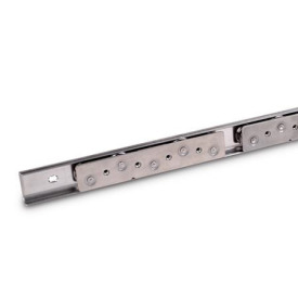 GN 1490 Laufrollenführungen, Edelstahl, mit innenliegendem Verfahrweg Form: B5 - mit zwei Rollenläufer mit 5 Rollen<br />Kennziffer: 0 - ohne Endanschlag<br />Werkstoff: NI - Edelstahl