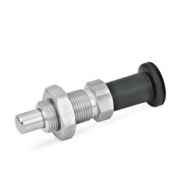 GN 817.2 Edelstahl-Rastbolzen / langer Kunststoff-Knopf Werkstoff: NI - Edelstahl<br />Form: BK - ohne Rastsperre, mit Kontermutter