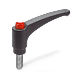 GN 603.1 Verstellbare Klemmhebel, mit Ausrastknopf, Kunststoff, Gewindestift Edelstahl Farbe (Ausrastknopf): DRT - rot, RAL 3000, glänzend