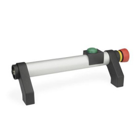 GN 332 Rohrgriffe, Aluminium, mit elektrischer Schaltfunktion Oberfläche: EL - eloxiert, naturfarben<br />Form: T1 - mit 1 Taster<br />Kennziffer: 2 - mit Not-Aus-Schalter<br />Türanschlag: R - rechts