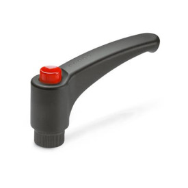 GN 603.1 Verstellbare Klemmhebel mit Ausrastknopf, Kunststoff, Buchse Edelstahl Farbe (Ausrastknopf): DRT - rot, RAL 3000, glänzend
