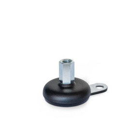 GN 32 Stellfüße, Stahlblech, mit Gummiauflage, mit Befestigungslasche Form: A5 - Stahl, kunststoffbeschichtet schwarz, Gummi eingelegt, schwarz<br />Spindelvariante: X - Außensechskant mit Innengewinde