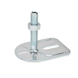 GN 42 Stellfüße, Stahl, mit Befestigungslasche, Rechteckform Form (Fußteller): E0 - ohne Gummiauflage, mit einem Langloch<br />Spindelvariante: UK - mit Mutter, Innensechskant oben und Schlüsselfläche unten