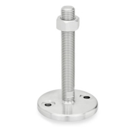 GN 24 Stellfüße, Edelstahl 1.4404 (A4), mit Befestigungsbohrungen, Fußteller gedreht Form (Fußteller): D1 - feingedreht, mit Gummiauflage, eingelegt, schwarz<br />Spindelvariante: TK - mit Mutter, Schlüsselfläche unten