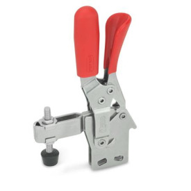 GN 810.4 Schnellspanner, Edelstahl, Spannhebel vertikal, mit Verriegelung, mit senkrechtem Fuß Werkstoff: NI - Edelstahl<br />Form: BLC - offener Spannarm, mit 2 Flankenscheiben und Andrückschraube GN 708.1
