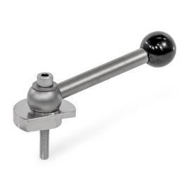 GN 918.7 Spannriegel, Edelstahl, Spannung nach unten, Schraube von der Bedienseite Form: KVS - mit Kugelgriff, schräg (Kerbverzahnung)<br />Spannrichtung: R - durch Rechtsdrehung (gezeichnete Ausführung)