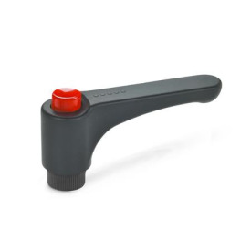 GN 600 Flache verstellbare Klemmhebel mit Ausrastknopf, Kunststoff, Buchse Messing Farbe: DRT - rot, RAL 3000, glänzend