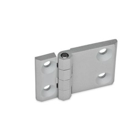 GN 237 Scharniere, Zink-Druckguss, horizontal verlängert Werkstoff: ZD - Zink-Druckguss<br />Form: A - 2x2 Bohrungen für Senkschrauben<br />Oberfläche: SR - silber, RAL 9006, strukturmatt<br />Scharnierflügel: l3 ≠ l4 - einseitig verlängert