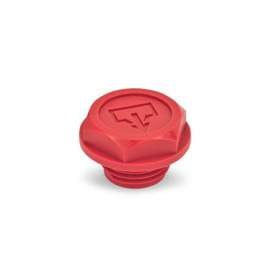 GN 740.2 Tappi filettati con simbolo grafico &quot;scarico&quot; secondo norme DIN, con plastica, colore rosso, O-Ring bordato 