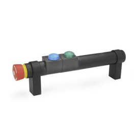 GN 331 Rohrgriffe, Aluminium, mit elektrischer Schaltfunktion Oberfläche: SW - schwarz, RAL 9005, strukturmatt<br />Form: T2 - mit 2 Taster<br />Kennziffer: 2 - mit Not-Aus-Schalter