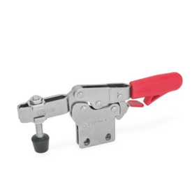 GN 820.4 Schnellspanner, Edelstahl, Spannhebel horizontal, mit Verriegelung, mit senkrechtem Fuß Werkstoff: NI - Edelstahl<br />Form: NLC - offener Spannarm, mit 2 Flankenscheiben und Andrückschraube GN 708.1