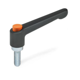 GN 303.2 Verstellbare Klemmhebel, mit Ausrastknopf, Zink-Druckguss, Schraube Stahl verzinkt Farbe: O - orange, RAL 2004