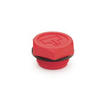 Tappi filettati con simbolo grafico "scarico" secondo norme DIN, guarnizione sovrastante, plastica, colore rosso