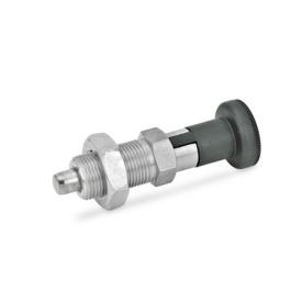 GN 617.1 Rastbolzen mit Rastsperre Edelstahl / Kunststoff-Knopf Werkstoff: NI - Edelstahl<br />Form: AK - mit Kontermutter