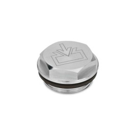 GN 742 Verschlussschrauben mit und ohne Symbol, Viton-Dichtung, Aluminium, bis 180 °C Form: ES - mit DIN-Einfüllsymbol, blank<br />Entlüftungsbohrung: 1 - ohne Entlüftungsbohrung