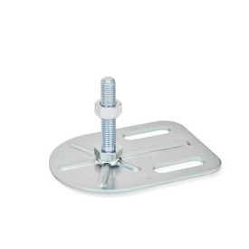 GN 42 Stellfüße, Stahl, mit Befestigungslasche, Rechteckform Form (Fußteller): G0 - ohne Gummiauflage, mit 2 Langlöchern<br />Spindelvariante: SK - mit Mutter, Außensechskant unten