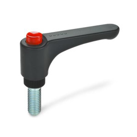 GN 600 Flache verstellbare Klemmhebel mit Ausrastknopf, Kunststoff, Schraube Stahl Farbe (Ausrastknopf): DRT - rot, RAL 3000, glänzend