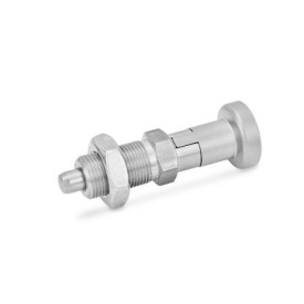 GN 617.1 Edelstahl-Rastbolzen mit Rastsperre Werkstoff: NI - Edelstahl<br />Form: AKN - mit Kontermutter, mit Edelstahl-Knopf