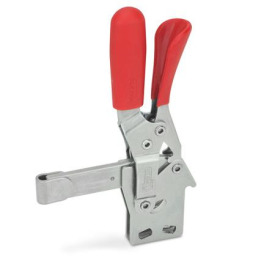 GN 810.4 Schnellspanner, Edelstahl, Spannhebel vertikal, mit Verriegelung, mit senkrechtem Fuß Werkstoff: NI - Edelstahl<br />Form: FL - massiver Spannarm, mit Halteschelle zum Anschweißen