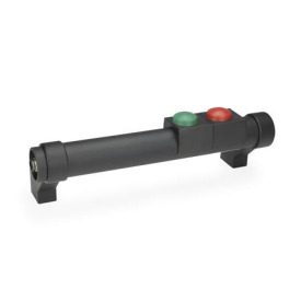 GN 332 Rohrgriffe, Aluminium, mit elektrischer Schaltfunktion Oberfläche: SW - schwarz, RAL 9005, strukturmatt<br />Form: T2 - mit 2 Taster<br />Kennziffer: 1 - ohne Not-Aus-Schalter<br />Türanschlag: L - links
