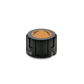 GN 957.1 Drehknöpfe, Kunststoff, für Stellungsanzeiger Form: R - mit Beschriftung, mit Pfeil, steigend bei Rechtsdrehung<br />Farbe der Abdeckkappe: DOR - orange, RAL 2004, matt