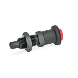 GN 414 Rastbolzen mit Entriegelungssperre, Entriegelung über Druckknopf Werkstoff: ST - Stahl<br />Form: AK - mit Kontermutter