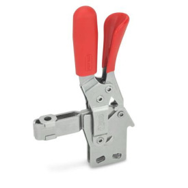 GN 810.4 Schnellspanner, Edelstahl, Spannhebel vertikal, mit Verriegelung, mit senkrechtem Fuß Werkstoff: NI - Edelstahl<br />Form: BL - offener Spannarm, mit 2 Flankenscheiben